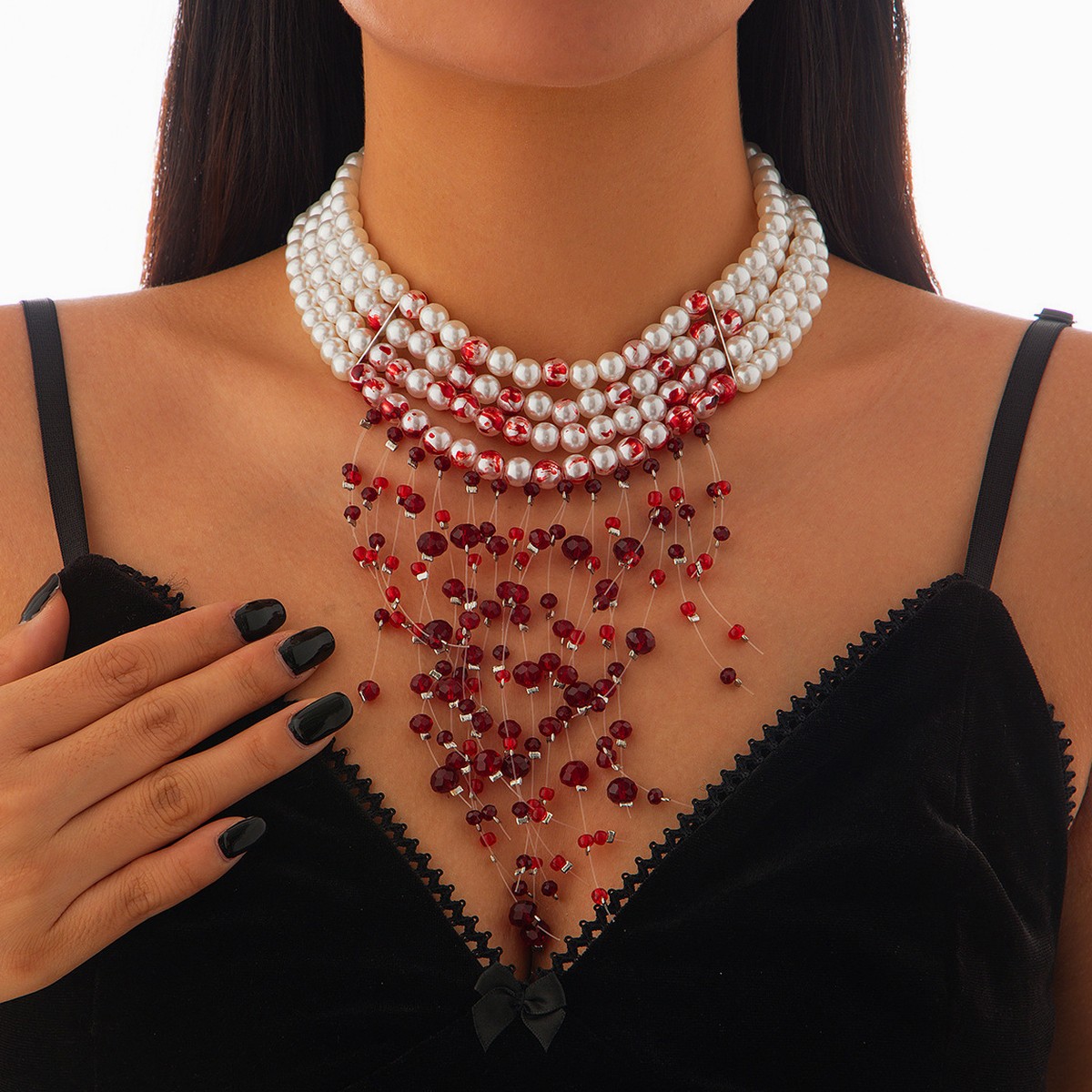 Pearl Choker Necklace Vintage - قلادة تشوكر قوطية بتصميم الدم المتساقط